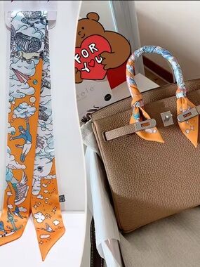 Elegant White & Gold Printed Twilly Scarf random send 1 piece pick a color